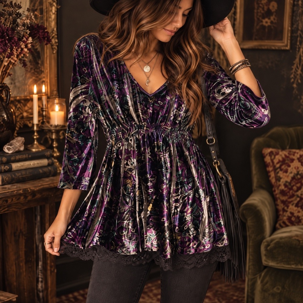 Energé Velvet Paisley top S Whimsigoth 90s Boho Lace fairy empire lace trim